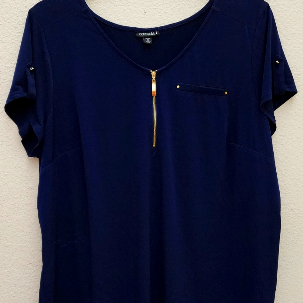 Short sleeve, plus size, navy blue, zipper shirt.